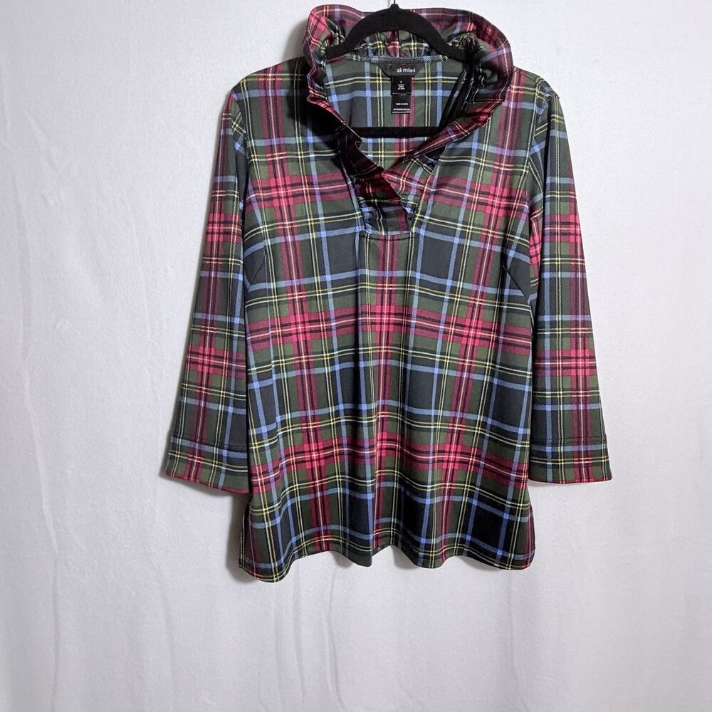 Ali Miles Green Red Tartan Plaid Ruffle Neck Holiday Tunic Top Blouse Size S